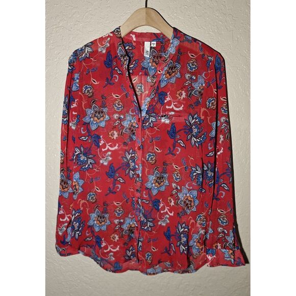 Kut from the Kloth Women's Roll Tab Sleeve Button Front Forals Boho Blouse Small - Picture 1 of 9